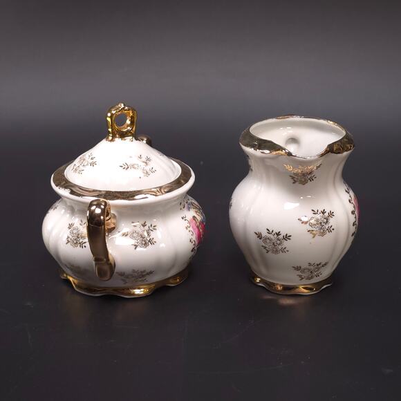 MCM Japanese Porcelain Sugar & Creamer Set Gold Trim Romantic Courting Scene - Picture 2 of 10
